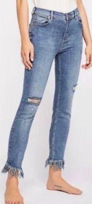 Free People Women's Skinny Jeans Blue Distressed Frayed Hem Size 27