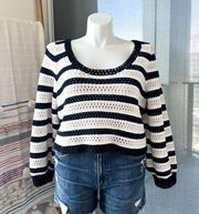 Apiece Apart Black White Striped Open Crochet Knit Slouchy Pullover Sweater XL