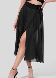 Halara High Waisted Drawstring Mesh 2-in-1 Flowy Midi Flare Skirt