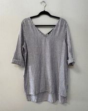 Tahari Striped 100% Linen High Low V-neck Tunic Top Size large