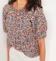 Old Navy Blue Floral Puff Sleeve Babydoll Cotton Blouse Size XL