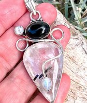 Black Onyx Rutile Quartz & Moonstone Sterling Silver 2” Pendant