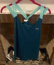 Under Armour Two Toned Blue Heat Gear Loose Fit Strappy Workout Gym Tank Medium