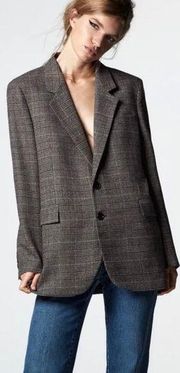 ZARA  Wool Blend Plaid Straight Cut Blazer Small Boyfriend Oversized 9152/544