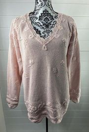 Vintage  Tricot Sweater Womens Sz Small Knitted Oversized Pink Boho