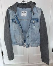 hollister jean jacket/ hoodie, denim and grey, size medium