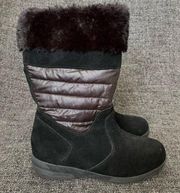 Lands’ End 8 Drift Snow Boot Black Mid-Calf Pull-On Suede Quilted Fabric Women’s