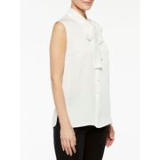 Misook White Tie Neck Button Front Sleeveless Crepe de Chine Blouse Size L