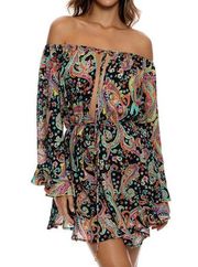 Luli Fama Gypsy Off Shoulder Bell Sleeve Boho Paisley Floral Dress Size Small