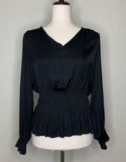 Philosophy Black Silky Smocked Pleated V-neck Peplum Top