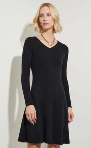 Misook Cashmere 100% Cashmere Black Ribbed Fit & Flare Long Sleeve Sweater Dress