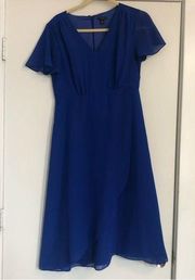 flowy royal cobalt blue wedding guest party dress lined wrap sleeve
