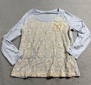 Soft Surroundings Blue & Cream Lace Long Sleeve Pocket T-Shirt Medium EUC