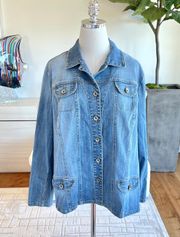 INC Classic Light Blue Wash Denim Jacket Rhinestone Skeleton Size XXL