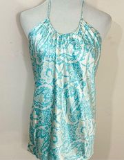 Blair  Delmonico Vintage Y2K Silk Floral Halter Top Aqua/ White S