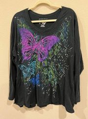 Just My Size Womens Black Shirt Size 3X Long Sleeve Butterfly Graphic Scoop Neck