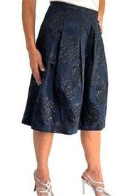 Vince Navy Blue Cotton Blend Pleated Knee Length Leaf Print Jacquard Skirt size