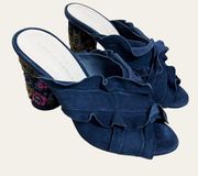 Loeffler Randall Navy Blue Ruffled Sequin Beaded Embellished Block Heel Mule 7