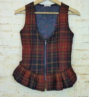 Womens Vest XS Orange Tartan Plaid Front Zipper Ruffle Peplum Grunge Y2K Handmad