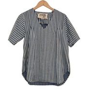 Ace & Jig Blue Striped V-Neck Short Sleeve Curved Hem Cotton Top XS