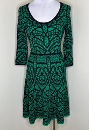 Sweater Dress SMALL Knit Green Black Scoop Neck Fit & Flare