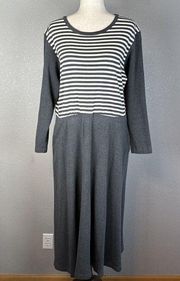 Orvis Womens Midi Sweater Dress Gray White Stripe Thick Knit Long Sleeve Pockets