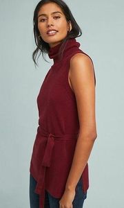 Anthropologie Belted Turtleneck Sleeveless Wool Blend Sweater | Burgundy | XS