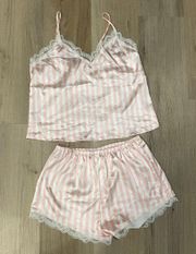 Pink And White Striped Satin Pj Set