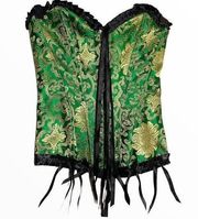 VTG Corset Top 80s Floral Embroidered Lace Up Back Frill Trim Overbust Green S