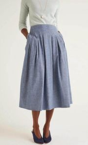Boden NEW Theodora Cotton Chambray Pleated High Rise Midi Skirt Blue
