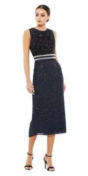 Mac Duggal Sleeveless High Neck Beaded Midi Sheath Dress in Navy Size 8 NWT