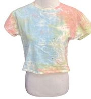 Storia Tie Dye Cropped Short Sleeve Top Blue Red Size Small