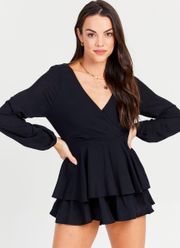 Altar’d State Black long sleeve tie-waist ruffle romper- Size Small