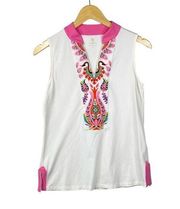 Spartina 449 Pink Cream Floral Embroidered Sleeveless Tank Top Size Small