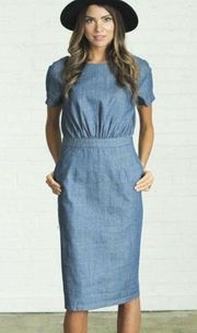CLAD & CLOTH Chambray Button Down the Back Dress, Denim, SMALL