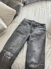 modern straight embellished  gray jeans