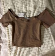 Brown Short Sleeve Ribbed Crop Top