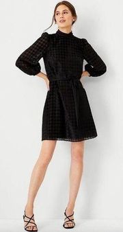 Ann Taylor Velvety Houndstooth Shift Dress Mock Neck Waist Tie 6 NWT