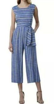 Tahari SZ 14 Capri Jumpsuit Striped Cap Sleeve Wide Leg Jewel Neck Tie Side New