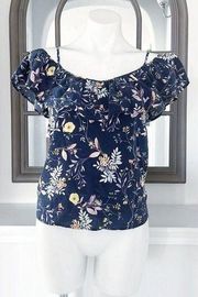 AMOUR VERT 100% Silk Floral Cold Shoulder Blouse, Blue Multi Size XS