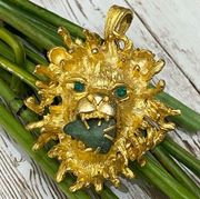 Rare Vintage Large Lion Head Green Stone Pendant
