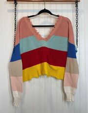 Fox + Hawk Color Block Cropped Distressed Stripe Sweater Multicolor Size S