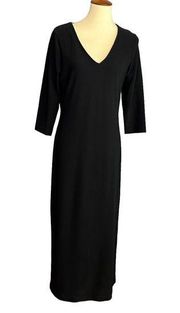 Boston Proper Black Midi Dress SMALL Slinky Jersey 3/4 sleeves Career Modest NEW