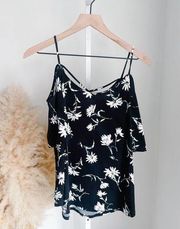 Strappy Cold Shoulder Floral Tank Top Black White Criss Cross Back Womens Large