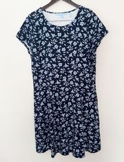 Floral Print Short Sleeves Shift Shirt Dress Blue Size XL