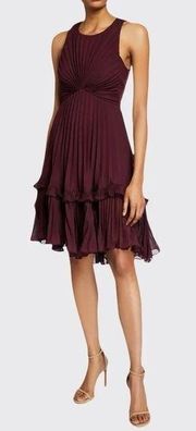 HALSTON Syrah Sleeveless Pleated Dress with Flounce Detail