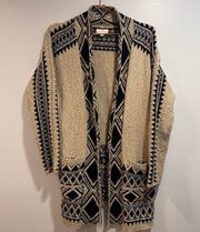 Lucky Brand Tribal Aztec Cardigan Sweater Women Size M Open Front Pockets Tan