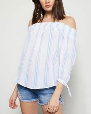 RUE 2I Blue & White Stripe Tie-Sleeve Off-Shoulder Top