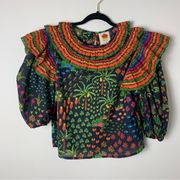 Farm Rio Fruit Garden Ruffle Puff Sleeve Blouse Size Medium