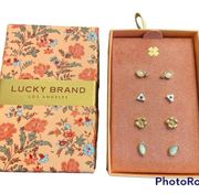 New NIB Lucky Brand silver gold tone 4 pc stud earring box set flowers oval